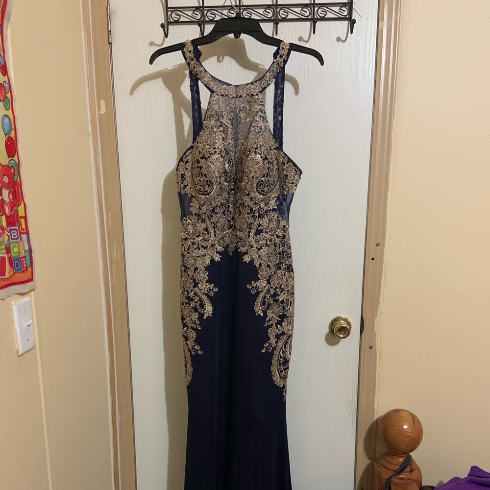 Navy blue dress with gold appliqué